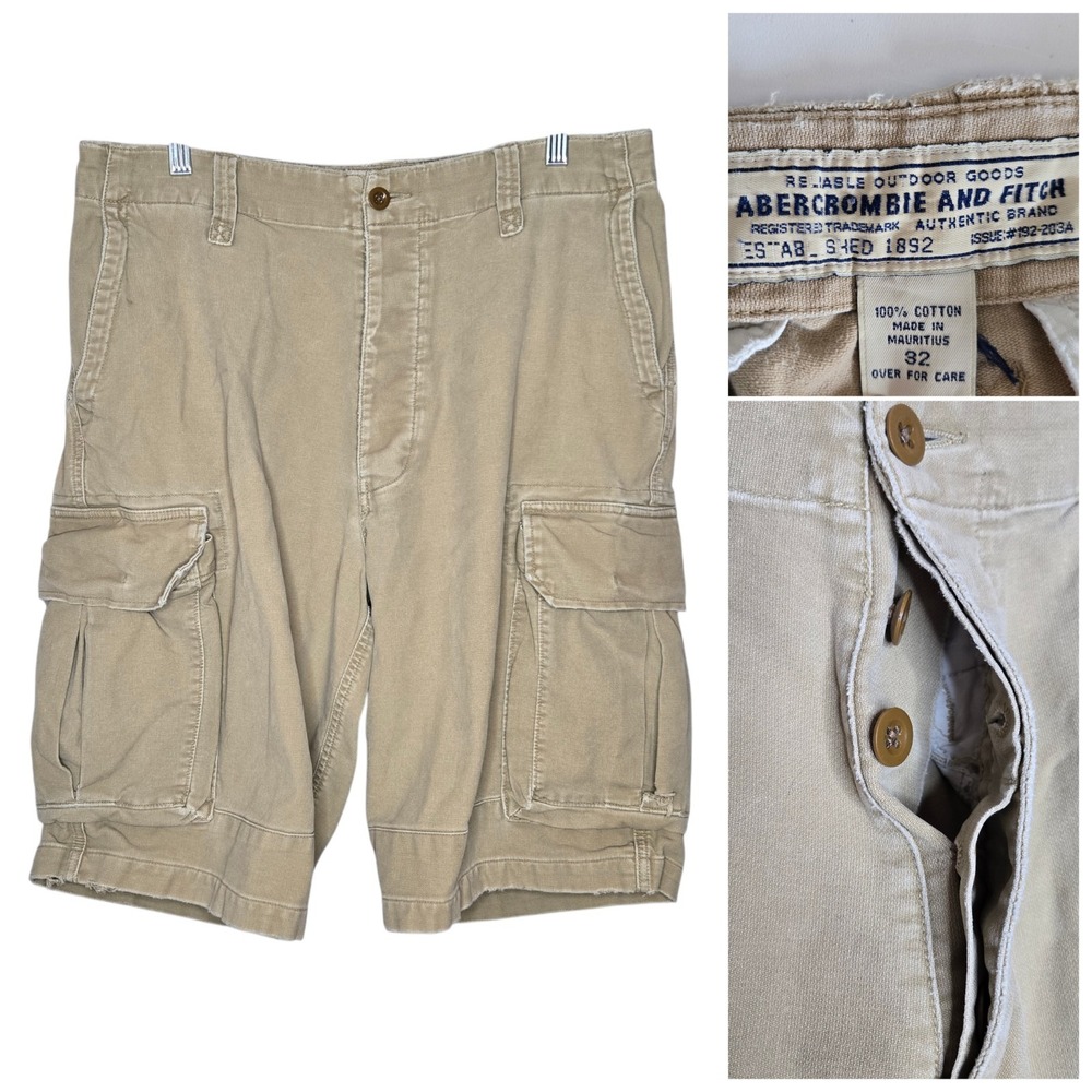VTG Y2K Abercrombie & Fitch Tan KHAKI Button Fly Cargo Shorts Size 32 Distressed